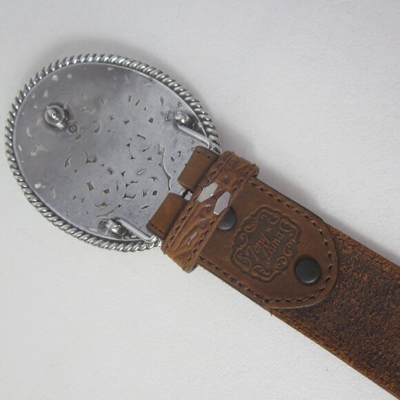 New Tony Lama Women 32 Brown Pierced Leather Filigree Belt Silvertone Buckle - Picture 6 of 12